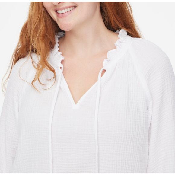 J.Crew Long Sleeve Gauze Tie-neck Top 3X White Ruffle Neck Pullover Elastic Cuff - Picture 2 of 9